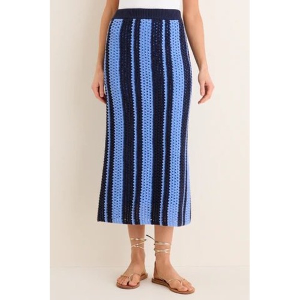 Tuckernuck Crochet Ren Midi Skirt Navy & Baby Blue Striped Knit High Waist NEW